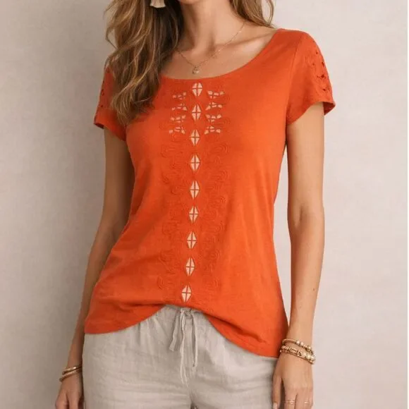 Anthropologie Meadow Rue Orange T-Shirt Size Small - Picture 1 of 8